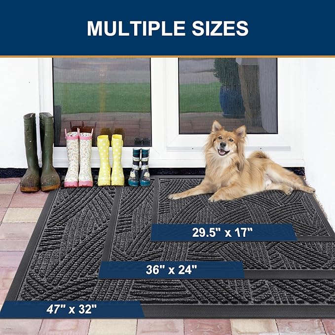 Smiry Front Door Mat Outside Entrance, Heavy Duty Sturdy Natural Rubber Doormat, Trap Dirt and Moisture, Easy Clean Low Profile Mats for Indoor Outdoor Entry, Interwoven Stripes 29.5x17, Grey