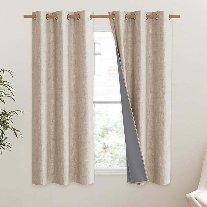NICETOWN Cream Thick Linen Blend 100% Blackout Curtains 63" Long 2 Panels Set for Bedroom, 42" Wide, Rustic Grommet Thermal Insulated Flax Textured Full Blackout Window Draperies with Grey Liners
