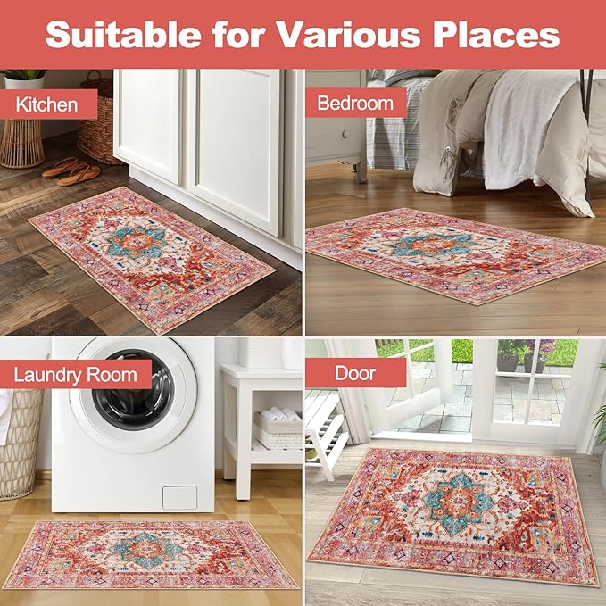 Yamaziot Washable Area Rug, 2x3 Small Entryway Rug Non-Slip Boho Vintage Rug with Rubber Backing, Low Pile Faux Wool Distressed Floor Carpet for Indoor Door Mat, Kitchen, Laundry (Pink)
