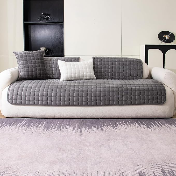 Velvet Couch Cover, Washable Sectional Sofa Cover, Anti Slip Sofa Slipcover for 3 Cushion Couch Sofa L Shaped Armrest Backrest, Furniture Protector Covers for Pets Kids(Dark Grey, Only 1 PCS)