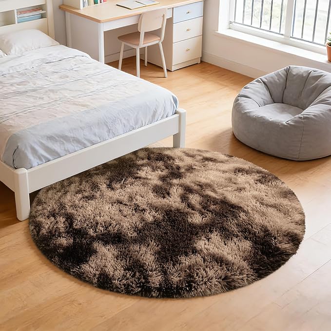 Fluffy Round Rug,Soft Area Rugs for Girls Room,Shaggy Rugs 5'X5' for Living Room,Non Slip Circle Rug for Kids Bedroom,Shag Plush Nursery Carpets,Fuzzy Rug for Dorm,Room Decor Carpet,Tie-Dyed Coffee