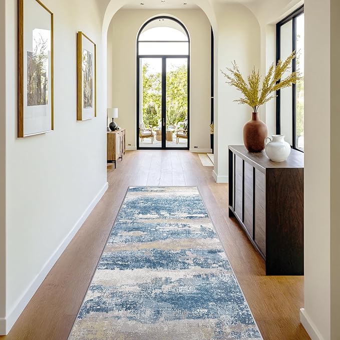 BEIMO Runner Rug for Hallway Kitchen 2x8 Machine Washable Runners Rug for Entryway, Blue Cream Soft Modern Abstract Throw Rugs, Floor Carpet with Non Slip Rubber Backing