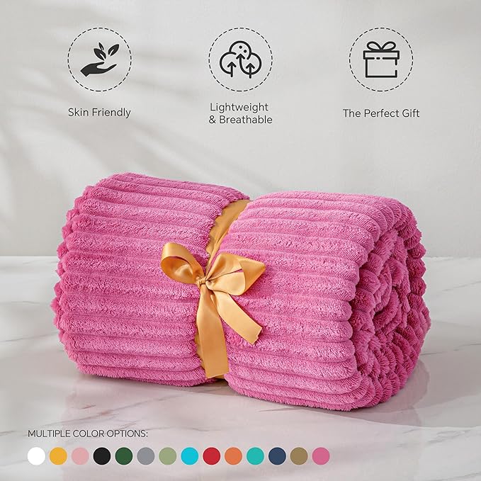 BEDELITE Fleece Throw Blanket for Couch – 3D Ribbed Jacquard Soft and Warm Decorative Fuzzy Blanket – Cozy, Fluffy, Plush Lightweight Hot Pink Throw Blankets for Bed, Sofa, 50x60 inches
