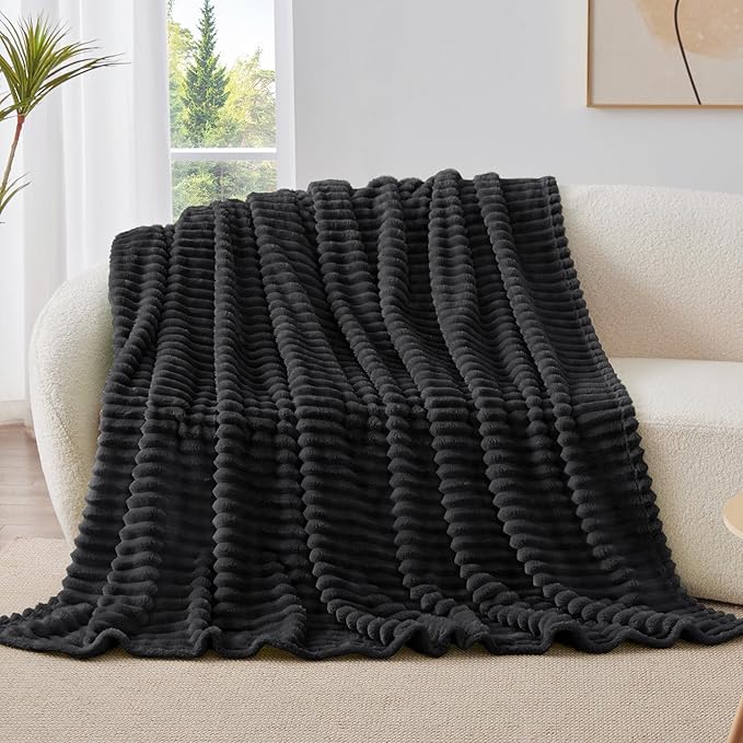 BEDELITE Fleece Black Throw Blanket for Couch - 300GSM Soft & Warm Fluffy Black Blanket, Decorative and Giftable Striped Blankets for Women, Men, 50"x60"
