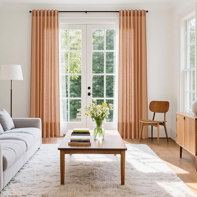 Nanspring Peach Quartz Linen Curtains 108 Inch Length 2 Panel Set Back Tab Loop Pocket Light Filtering Semi Sheer Boho Style Extra Long Drapes for High Ceiling Living Room 52x108