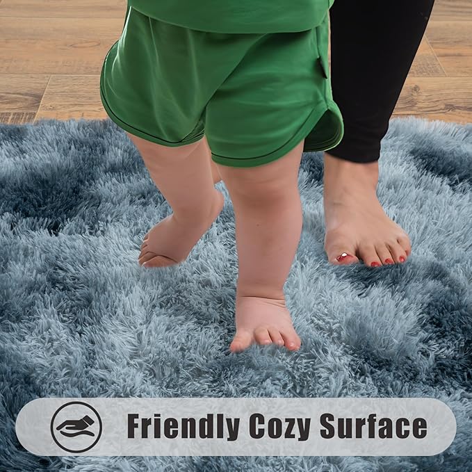 Soft Runner Rugs for Bedroom Hallways, 2x4 Tie-Dyed Blue Grey Fluffy Shag Throw Area Rug Non Slip for Bedside Dorm, Long Shaggy Furry Carpet for Nursery Living Room