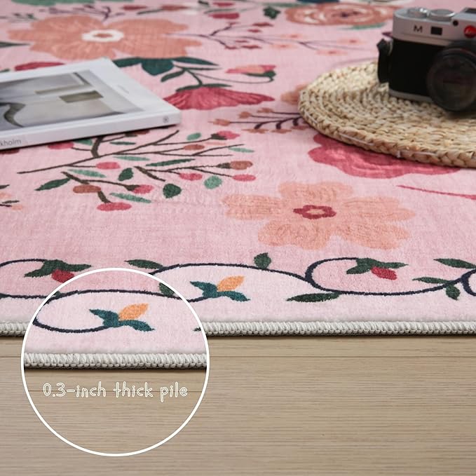 Rugcomf Round Rug 6ft Washable Circle Rug Non Slip Low Pile Boho Floral Small Circular Rug for Bedroom, Bathroom, Entryway, Kids Room, Office, College Dorm(Pink)