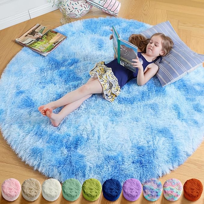 Amdrebio Tie-Dyed Light Blue Round Circle Rug 4Ft for Girls Bedroom, Soft Fluffy Cute Area Rugs for Kids, Boys Room Decor, Stitch Plush Shaggy Fuzzy Carpet for Baby Nursery Classroom Dorm Playroom
