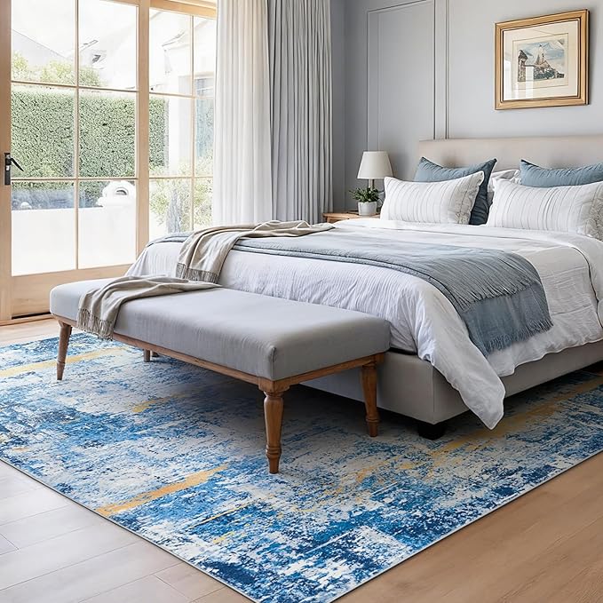 Rugflix 5x7 Area Rugs for Living Room, Washable Large Rug Stain-Resistant Low Pile, Modern Carpet for Dining Room Home Office Kid Room Nursery Bedroom, Blue Gold