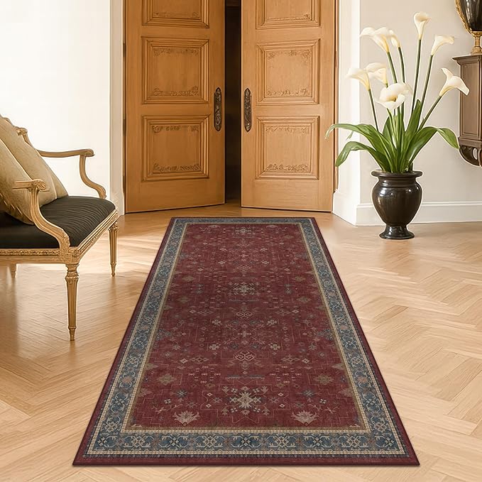 Washable 3x6 Entry Way Rugs Indoor - Burgundy Large Kitchen Rug, Non Slip Unique Bohemian Red Low Pile Thin Carpet for Bedroom Bedside, Foyer