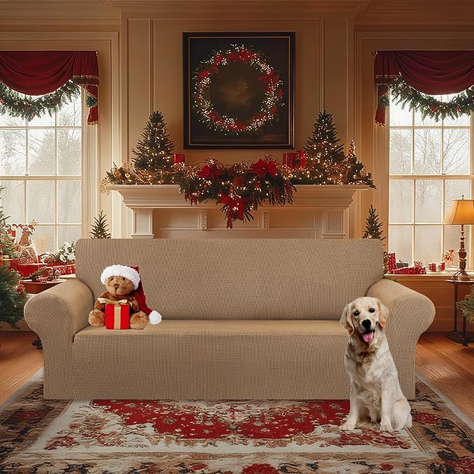 KEKUOU Stretch Oversized Sofa Slipcover 1 Piece Couch Sofa Cover (94"-110") Furniture Protector 4 Seater Sofa with Elastic Bottom for Kids,Pet.Jacquard Checked Pattern Fabric(X Large,Camel)