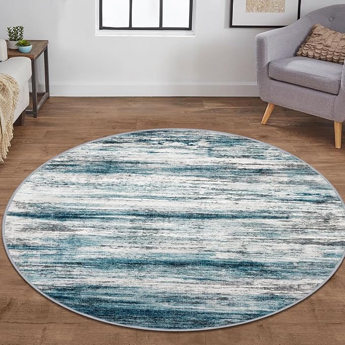 KOZYFLY Modern Abstract Round Area Rug 5Ft, Washable Kitchen Rug Non-Slip Soft Bathroom Circle Rug, Blue Striped Entryway Rugs Print Faux Wool Doormat for Bedside Entrance Bedroom Sink