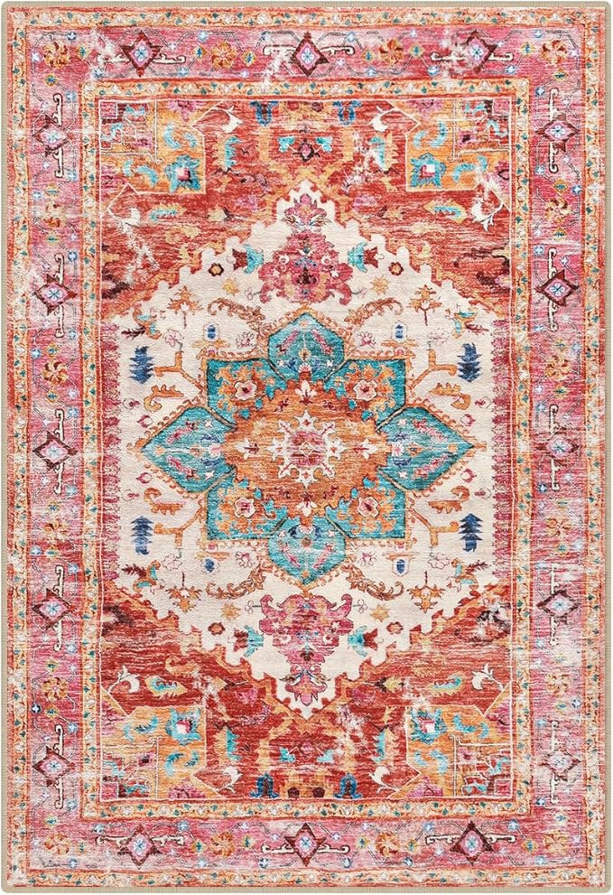 Yamaziot Washable Area Rug, 2x3 Small Entryway Rug Non-Slip Boho Vintage Rug with Rubber Backing, Low Pile Faux Wool Distressed Floor Carpet for Indoor Door Mat, Kitchen, Laundry (Pink)