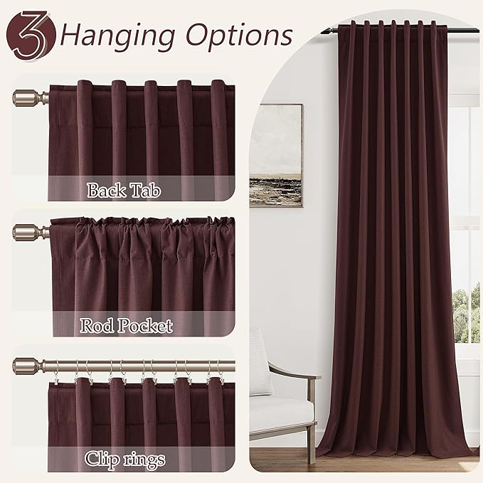 Guken 100% Blackout Curtains 108 Inch Length 2 Panels Set for Living Room Bedroom Back Tab Thermal Insulated Black Out Linen Drapes Room Darkening Reddish Brown,52x108