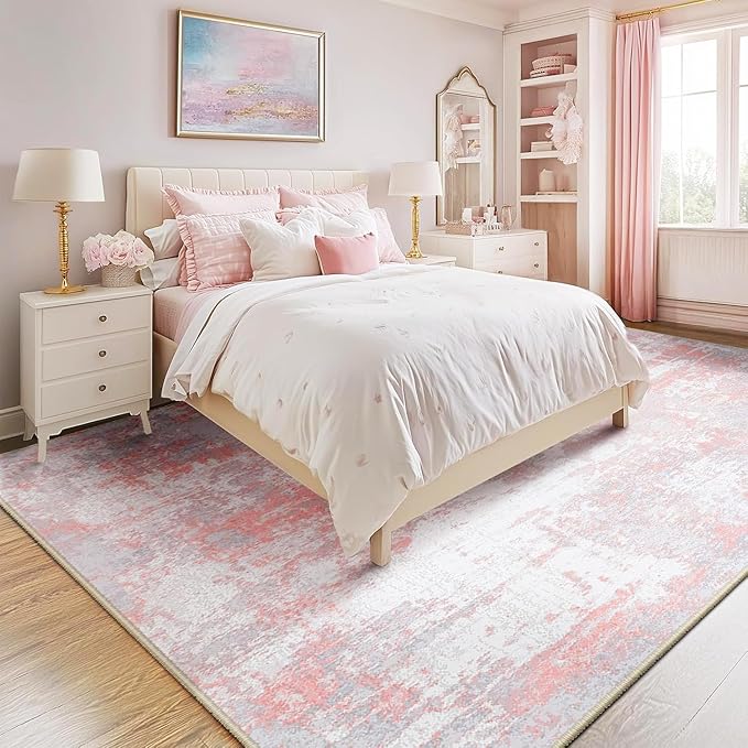 Washable Area Rugs 10'x14' Non-Slip Modern Abstract Soft for Living Room Entryway Bedroom Nursery, Print Pattern, Grey Pink