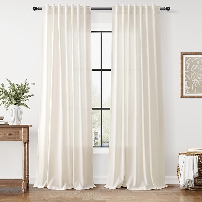 Nanspring Modern Linen Curtains 96 Inches Long for Living Room Light Filtering Semi Sheer Curtain Back Tab Neutral Luxury Modern Farmhouse Decor Linen Blend Drapes for Bedroom 52x96, 2 Panels