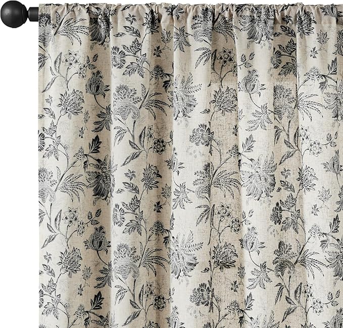 jinchan Linen Floral Curtains for Living Room with Printed Flower 63 Inches Long Light Filtering French Country Back Tab Rod Pocket Black Window Curtain Set Farmhouse Drapes 2 Panels Black