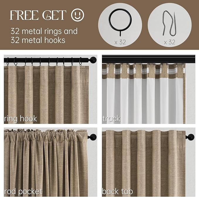 Topfinel 94 Inches Long Taupe Flax Custom Blackout Linen Curtains, Viral Ivory Pinch Pleated Noise Cancelling Curtains with Pin Hooks for Traverse, Burlap Viral Drapes 2 Panels for Living Room