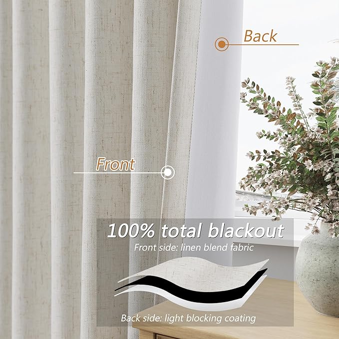 Guken 112 Inch Long Boho 100% Black Out Curtain 2 Panels Set, Linen Blackout Curtains Sound Proof Heat Blocking Thermal Insulated Window for Bedroom Back Tab Rod Pocket, 52x112