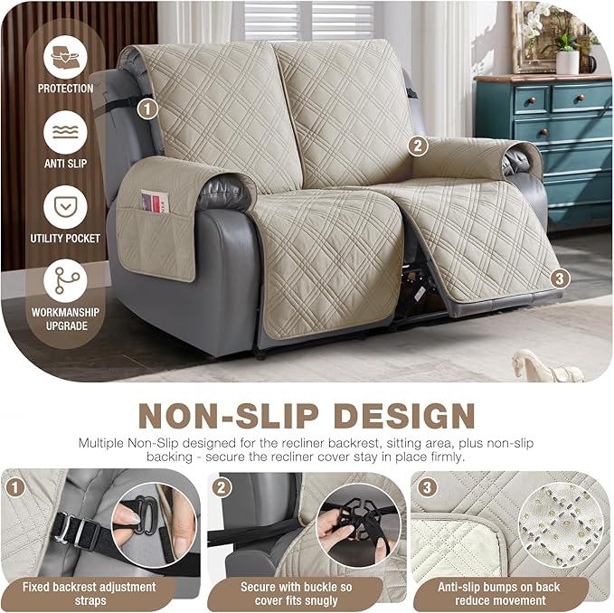 TAOCOCO 100% Waterproof Oversized Recliner Loveseat Cover, Non Slip Extra Wide Recliner Covers with Straps for Reclining Loveseat for Kids Pets, Spilt Cover(2 Seater Oversized, Cream)