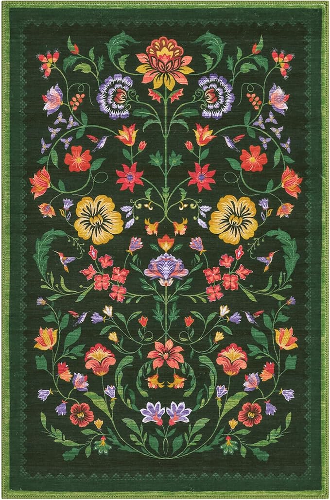 GarveeHome Protea Floral Rug for Entryway 2x3 Rugs Machine Washable Boho Small Area Rug Non-Slip Low-Pile Front Door Soft Mat for Entrance, Bedroom, Kitchen, Laundry, Bathroom, Forest Green