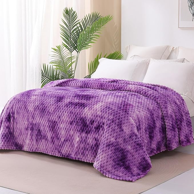 Exclusivo Mezcla Fleece Twin Blanket for Bed, Extra Large Fuzzy Tie-dye Purple Bed Blankets, Soft Cozy Plush Sofa Throws for All Seasons, 60x80 Inches