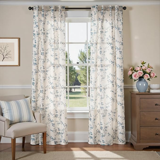 Lazzzy Floral Linen Curtains Farmhouse Extra Long Curtain for Living Room Bedroom Light Filtering Vintage Rod Pocket Back Tab Drapes for Home, 2 Panels, Blue on Beige, W38 X L108
