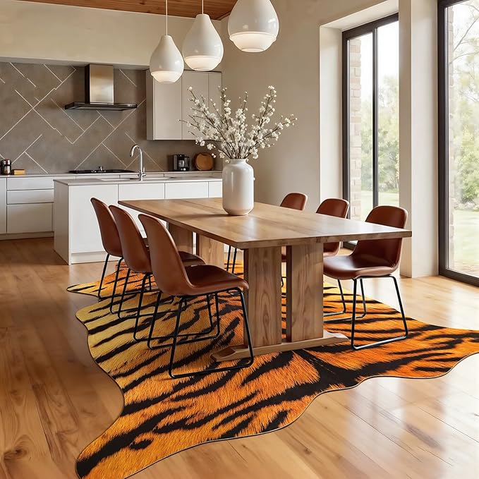 AROGAN Premium Tiger Print Rug 4.6x5.2 Feet, Machine Washable Faux Fur Rug, Non-Slip Animal Print Hide Tiger Skin Area Rug for Bedroom Living Room Home Decor