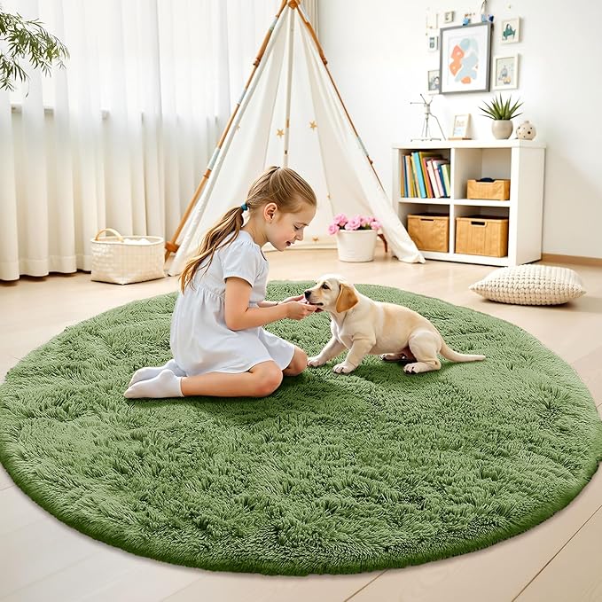 OLANLY Green Round Rugs for Bedroom - Machine Washable, 6 ft Circle Area Rugs for Living Room, Soft and Fluffy Shaggy Carpet for Teen Girl and Boys, Nursery Rooms, Dorms, Home Decor Aesthetic
