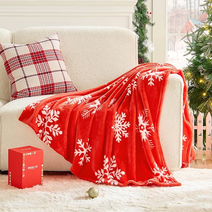 BEDELITE Christmas Throw Blanket– Cozy Holiday Blanket with Red Snowflake Design, Soft Lightweight Fleece Christmas Blanket for Couch & Bed, Festive Home Décor & Gift, 50"x60"