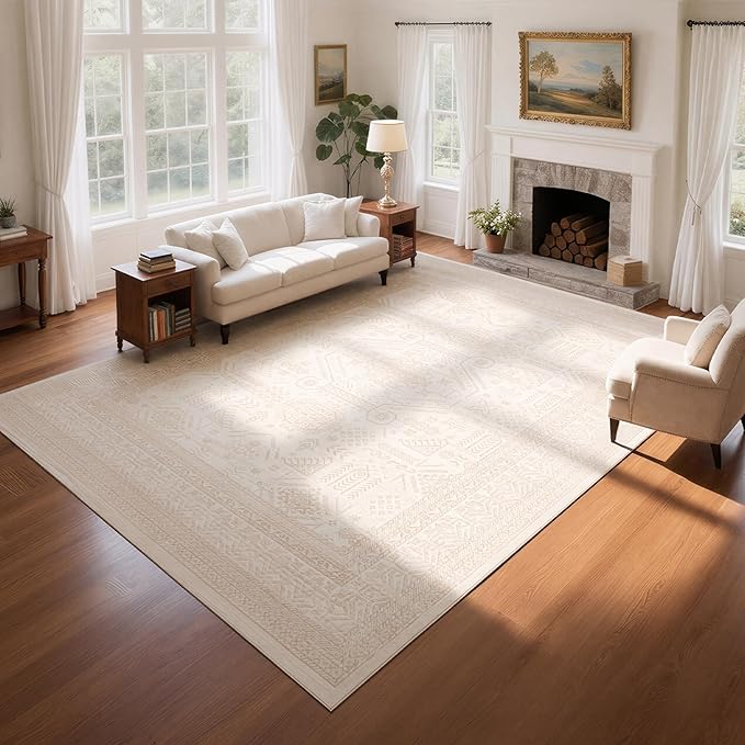 Washable Rugs 8x10 Area Rugs for Living Room- Large Vintage Rugs for Bedroom,Dining Room,Ultra Soft Low Pile Foldable Carpet with Non Slip Rubber Backing,Neutral Accent Rug(Light Brown)