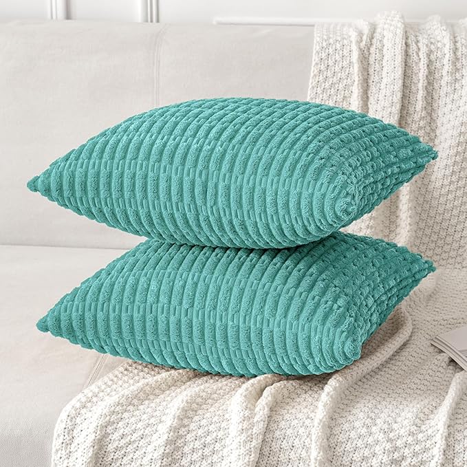 MIULEE Pack of 2 Corduroy Decorative Throw Pillow Covers 18x18 Inch Soft Boho Striped Pillow Covers Modern Farmhouse Home Decor for Summer Sofa Living Room Couch Bed Aqua Green