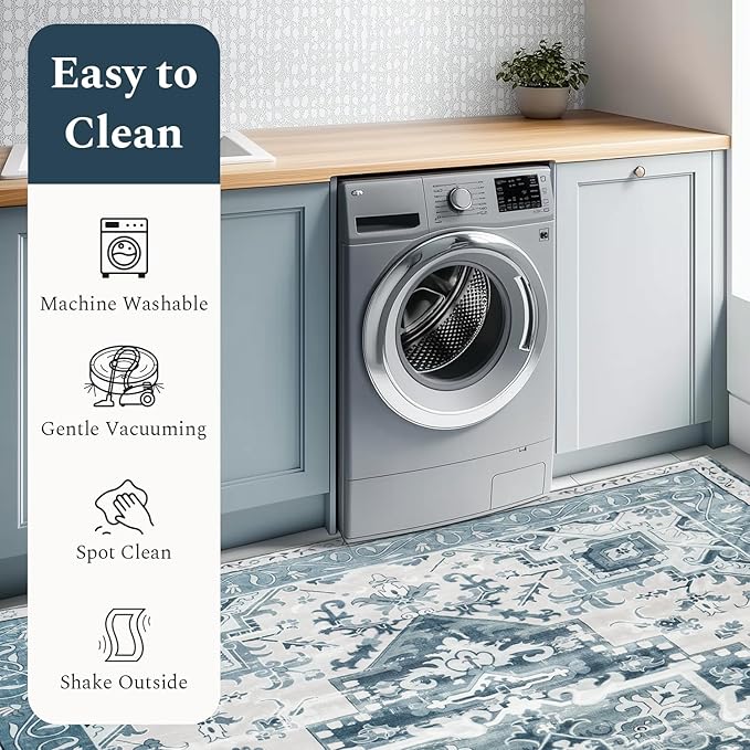Rugflix 6x9 Area Rug for Living Room, Machine Washable Area Rugs with Non-Slip Backing, Large Soft Boho Vintage Rug for Bedroom, Dining Room, Low Pile Carpet, Kids Pet Friendly, Blue