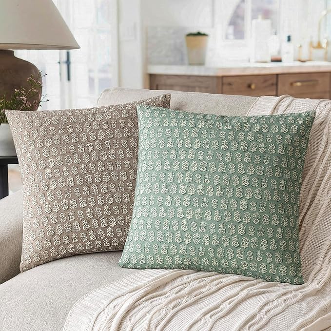 Foindtower Set of 2 Decorative Neutral Floral Print Throw Pillow Covers Vintage Accent Farmhouse Cushion Covers Boho Home Decor for Sofa Couch Chair Bedroom Living Room Outdoor,22×22 Inch,Aqua Blue