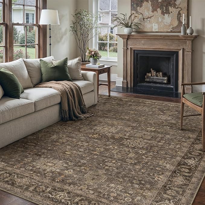 12x15 Washable Area Rug for Living Room Bedroom Vintage Brown Non Slip Carpet Traditional Retro Soft Low Pile Large Throw Rug for Dining Room Kitchen Office Indoor