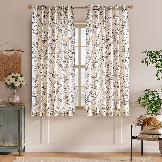Lazzzy Farmhouse Linen Curtains Black Floral Curtains 63 Inch Length Back Tab Drapes for Living Room Bedroom Light Filtering Country Vintage Rod Pocket, 2 Panels, Black on Beige