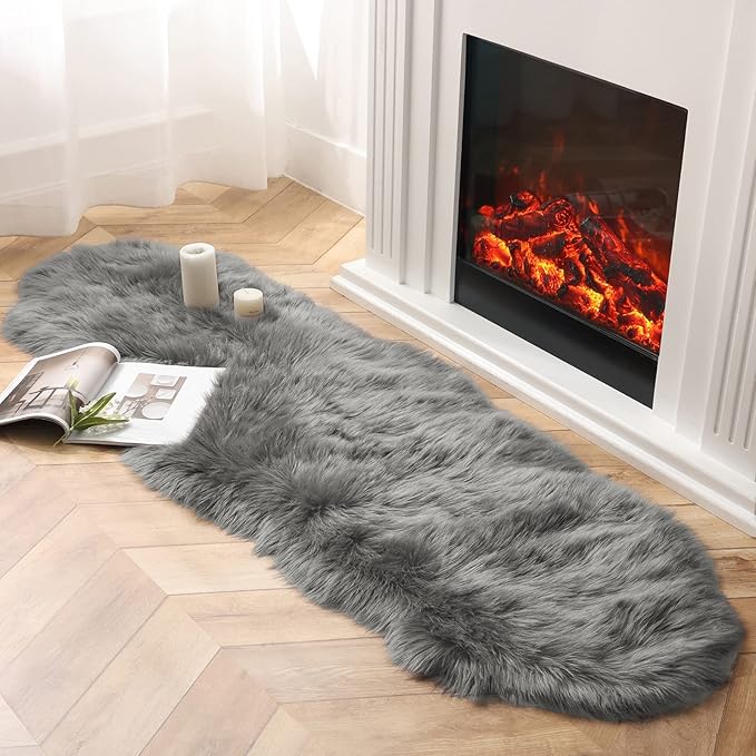 Ashler Faux Fur Rug, Fluffy Shaggy Area Rug, Ultra Soft 2 x 6 Feet Sheepskin Fur, Dark Grey Fuzzy Machine Washable Shag, Nursery Decor Throw for Bedroom, Kids Room, Living Room