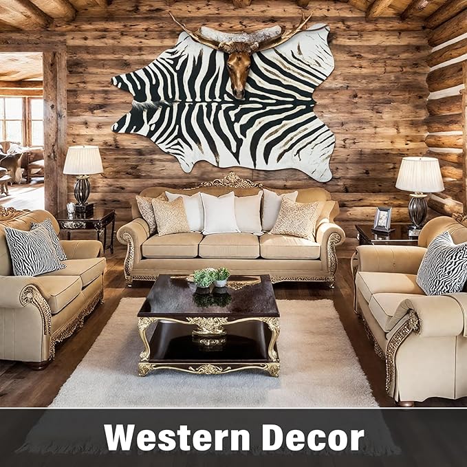 AROGAN Western Faux Fur Zebra Rug, 5.2x6.3 Feet Premium Animal Skin Print Rug, Sturdy Faux Zebra Hide Rugs for Wall Decor, Western Floor Carpet for Bedroom Living Room, Black and White