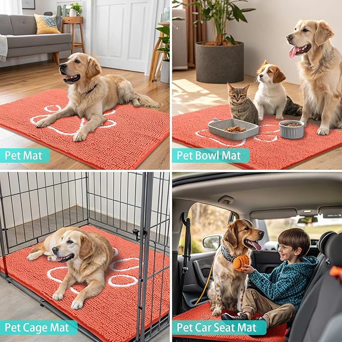 Smiry Dog Door Mat for Muddy Paws, Absorbent Dirt Trapper Non Slip Quick Dry Washable Chenille Mat for Mud Dogs, Entry Rug for Indoor and Outdoor (30x20 Inches, Coral and White)