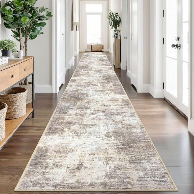 IOHOUZE Abstract Runner Rug 3x20 Ft Extra Long Washable Runners for Hallways, Non Slip Kitchen Runner Printed Faux Wool Entryway Runner Indoor, Modern Abstract Floor Carpet for Hall Stair, Beige Brown