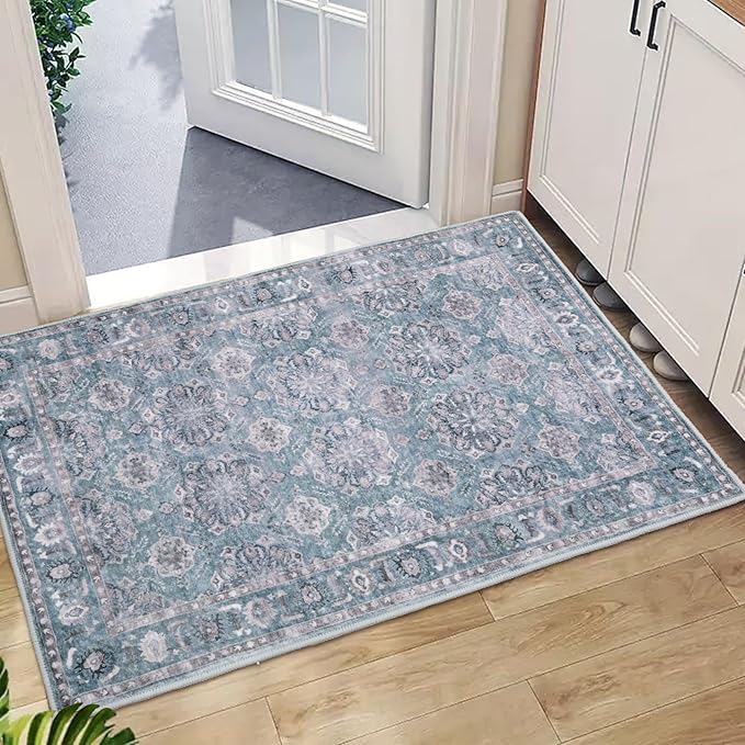 SERISSA Vintage Floral Rugs for Entryway, 2x3 Blue Grey Entryway Rug Non-Slip Washable Small Area Rug, Ultra Soft Boho Low-Pile Indoor Door Mat Floor Carpet for Entrance Bedroom Kitchen Bathroom