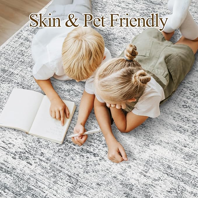Soalmost 9x12 Area Rugs for Living Room, Non Slip Machine Washable Vintage Rugs, Low Pile Lightweight Large Rug for Bedroom, Dining Room, Home Office Grey