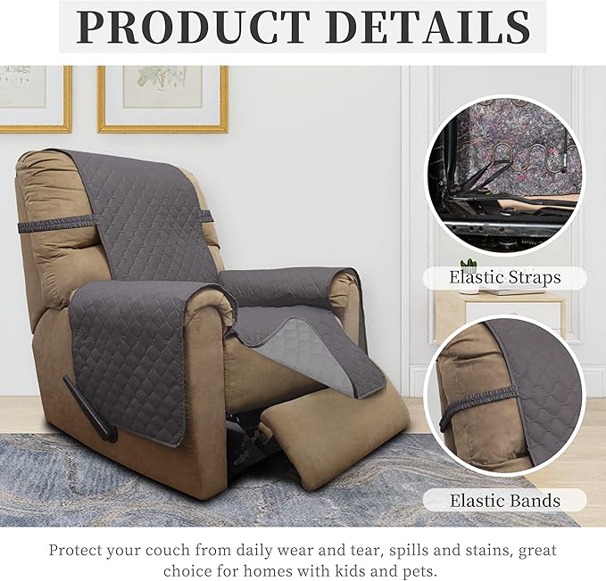 ISSUNTEX Double Protection 100% Waterproof Recliner Covers for Living Room, Reversible Furniture Protector Recliner Couch Sofa Slipcover for Dogs, Pets, Kids (Recliner, Gray/Light Gray)