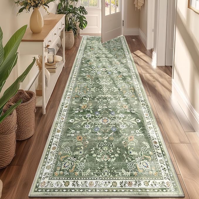 Yamaziot Washable Runner Rug 3x6 – Floral Non Slip Boho Hallway Runner Rug with Rubber Backing, Low Pile Faux Wool Distressed Carpet for Kitchen, Laundry, Bedroom, Entrance, Green