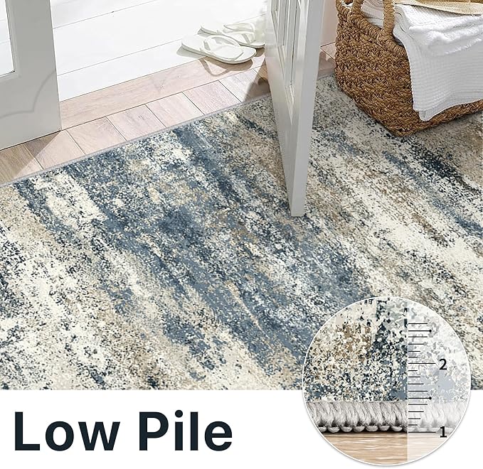 BEIMO Runner Rug for Hallway Kitchen, 2x12 Machine Washable Runners Rug for Entryway, Soft Modern Abstract Throw Rugs, Low Pile Floor Cover with Non Slip Backing, Navy Beige