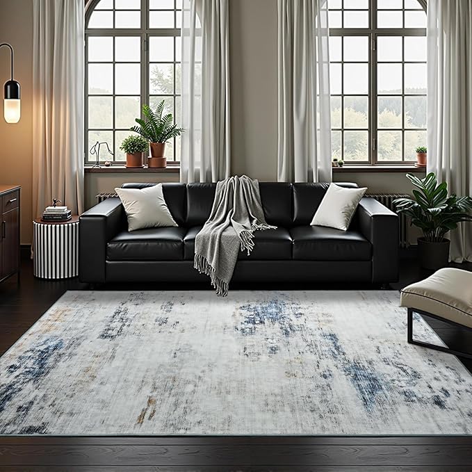 Toneed Abstract Area Rug 8x10 Modern Washable Rug Soft Non Slip Rug Low Pile for Bedroom Living Room Dining Room Blue/White