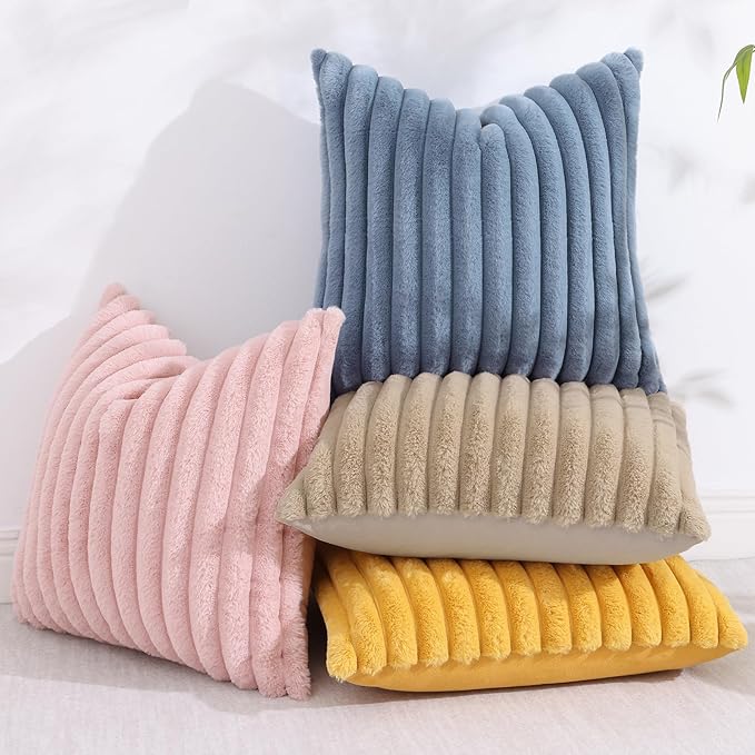decorUhome Cozy Faux Fur Throw Pillow Covers 12x20 Set of 2 Decorative Soft Plush Striped Lumbar Modern Farmhouse Boho Couch Pillow Cases with Velvet Back for Sofa Bed Living Room, Grey Blue