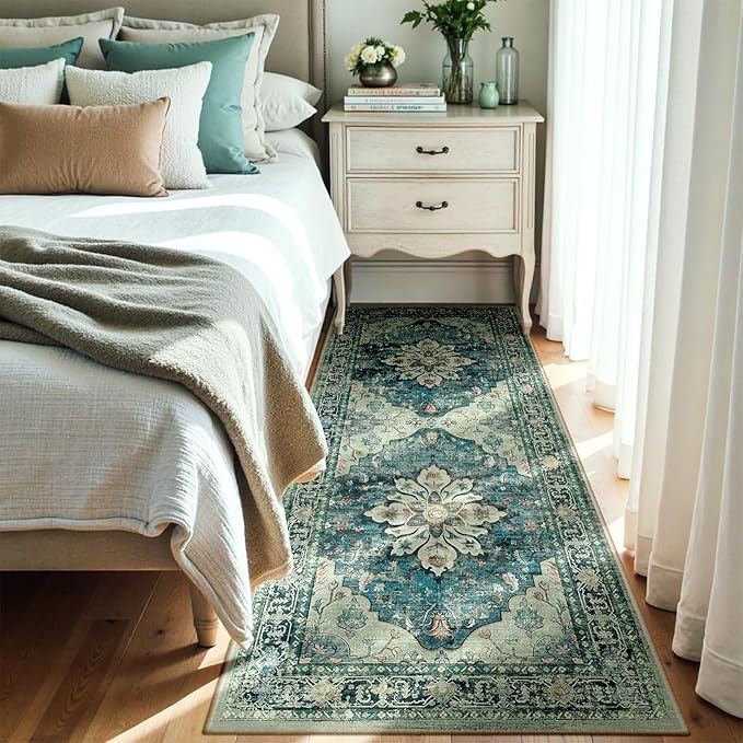 Area Rugs 3'x7' Runner Rug Non Slip Washable for Kitchen Hallway Bedroom Beside Laundry Room Bathroom Rug, Floor Carpet, Dark Blue Vintage