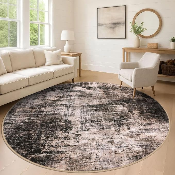 IOHOUZE Abstract Round Area Rug 8 Ft Washable Circle Rugs Large Round Rug Non Slip Thin Soft Circle Rugs, Printed Faux Wool Floor Carpet for Bedroom Living Room Dining Room Nursery, Brown/Rust