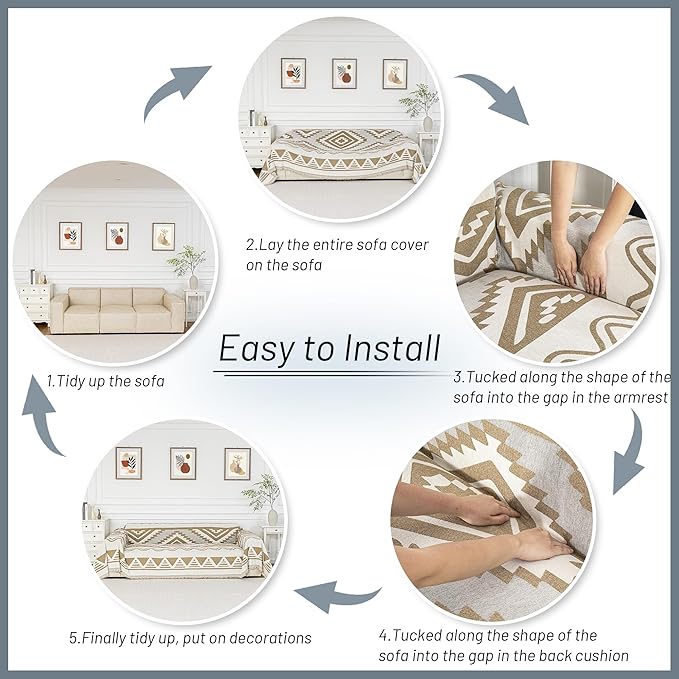 MYSKY HOME Boho Couch Cover for Dogs Washable Khaki Rhombic Couch Sofa Protector for Loveseat Sofa with Pets Friendly Chenille Geometric Sofa Covers Soft Durable Farmhouse Sofa Slipcovers, 71" X102"